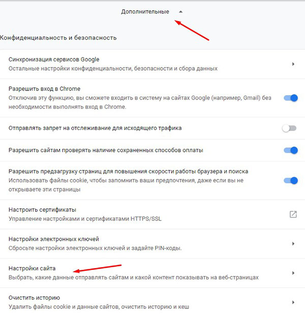 Дополнительные настройки Гугл Хром